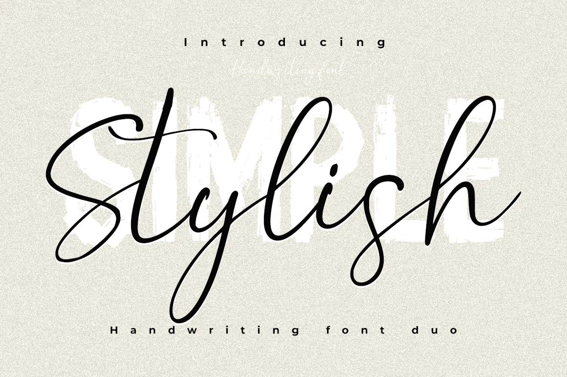 Simple Stylish Font preview with bold black handwritten script, long swashes, and a clean uppercase companion