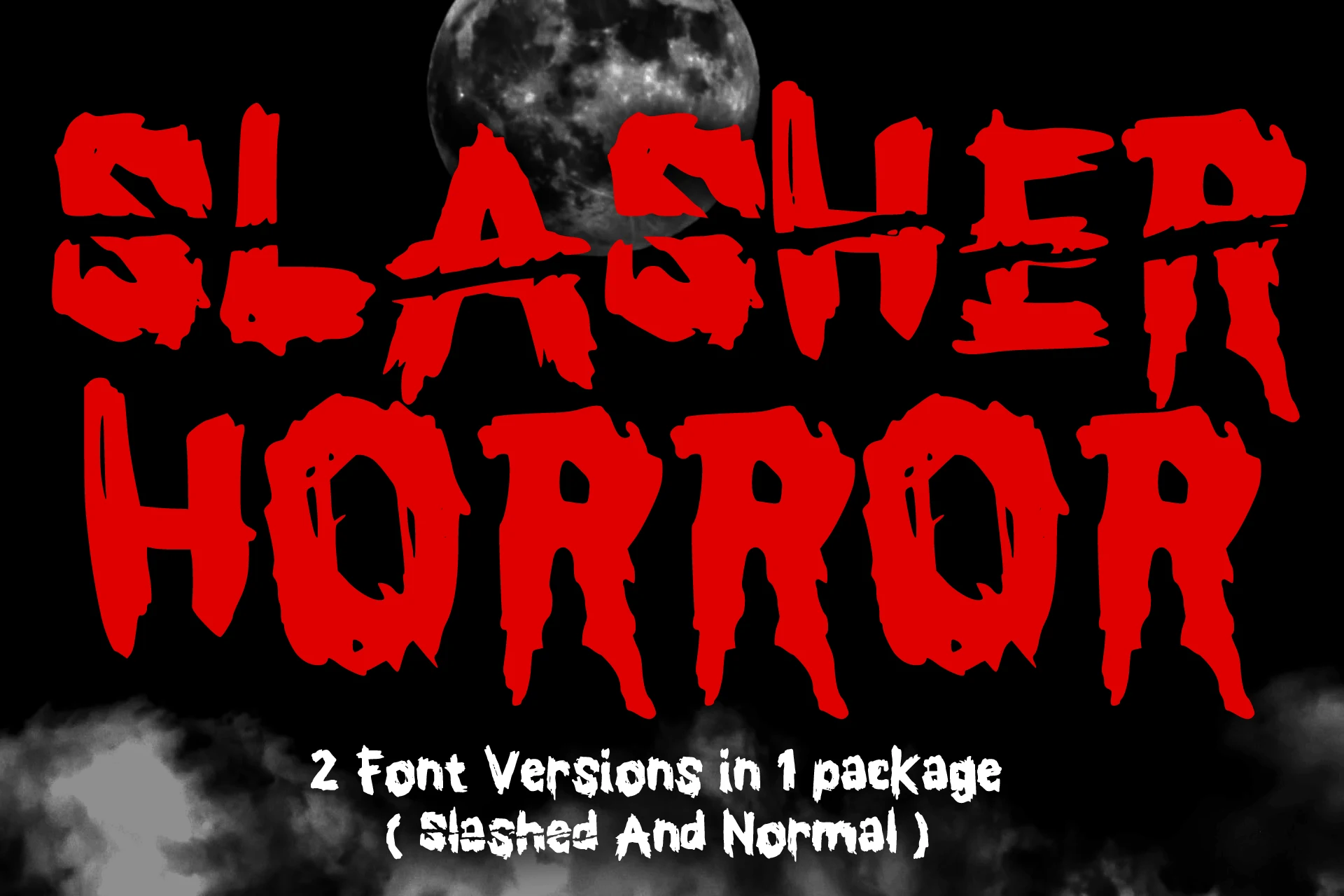 Slasher Horror Font with heavy block-like letters, jagged slashed edges, and distressed contours.