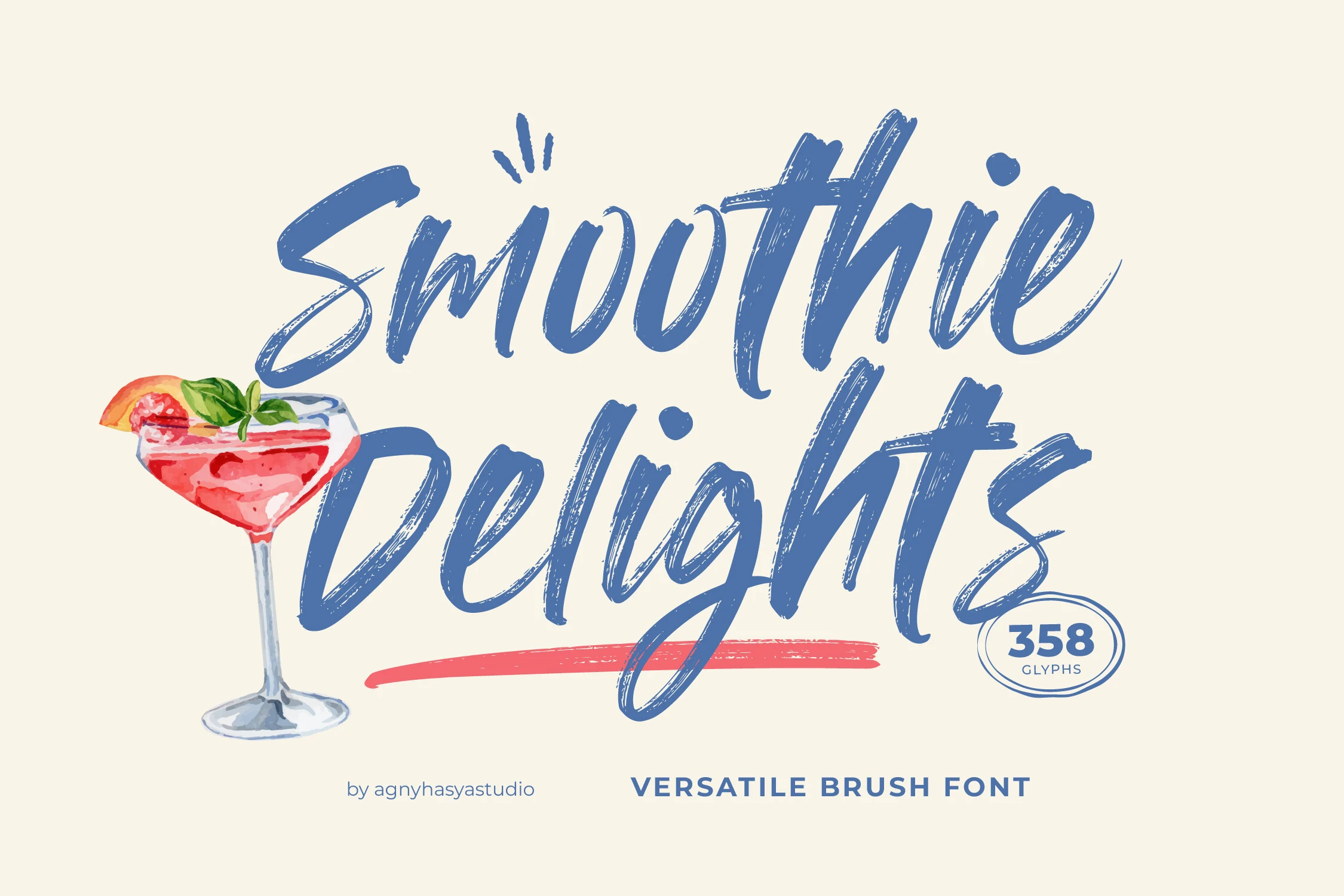 Smoothie Delights Font preview with blue slanted brush script and rough dry-brush texture