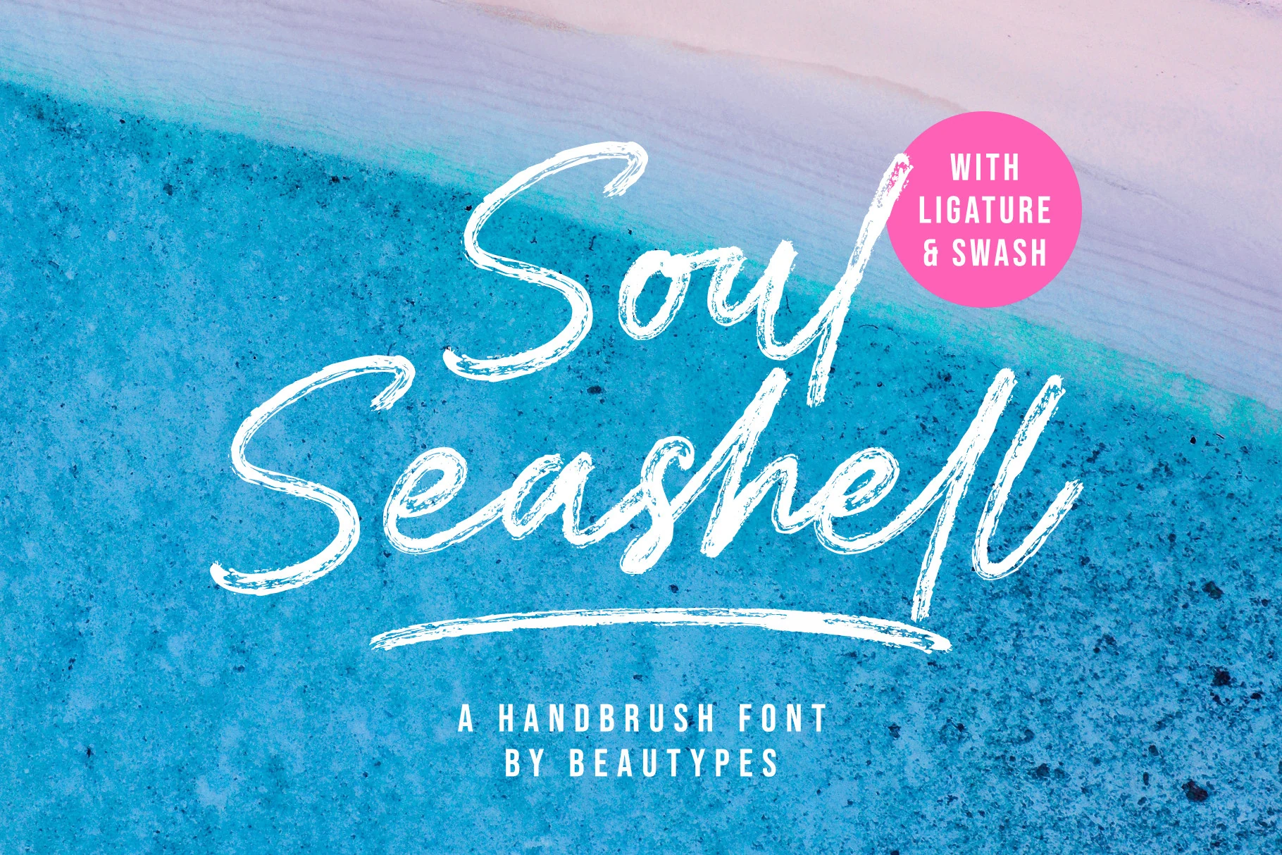 Soul Seashell Font preview with white brush script, rough dry strokes, and a long underline swash