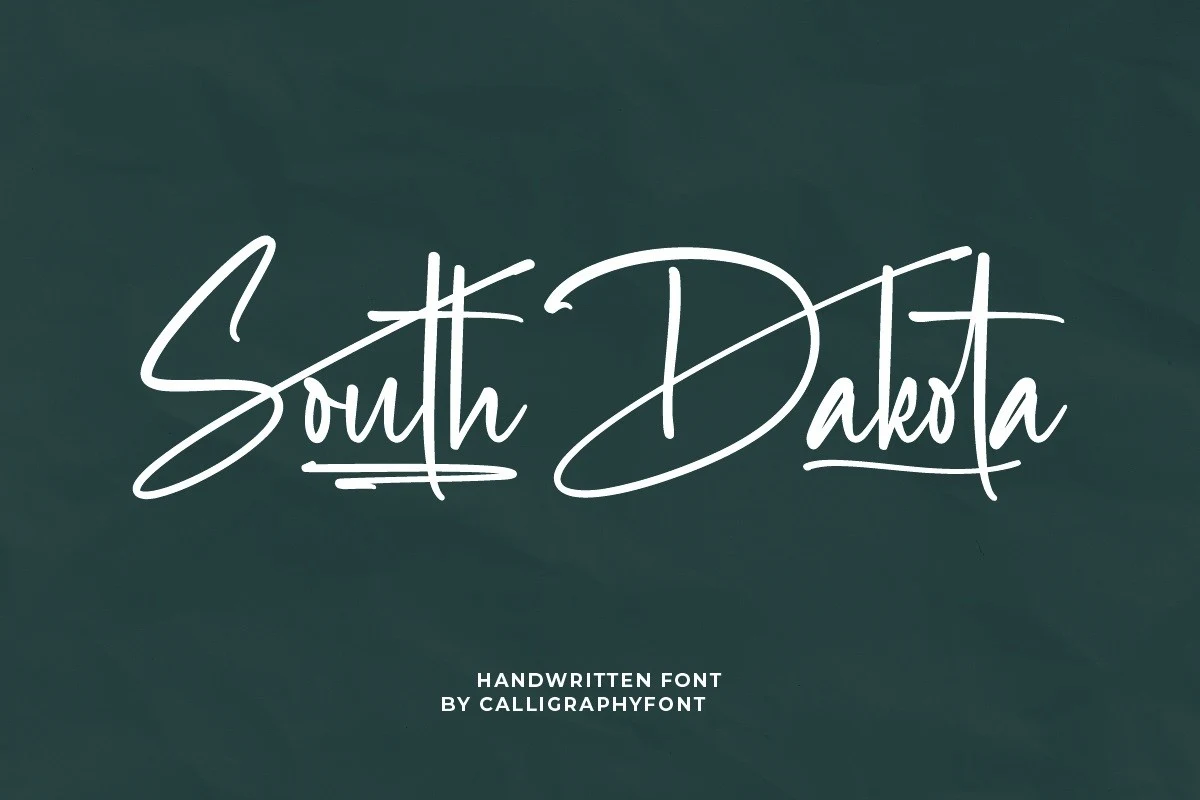 South Dakota Font is a connected handwritten script with pronounced swashes, strong stroke contrast, and a rightward slant.
