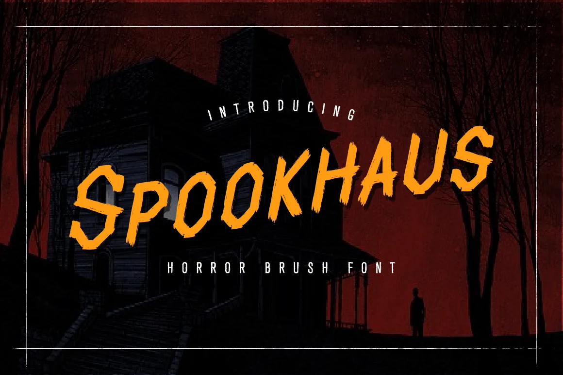 Spookhaus Font with distressed brush-textured uppercase letters, jagged contours, and irregular strokes.