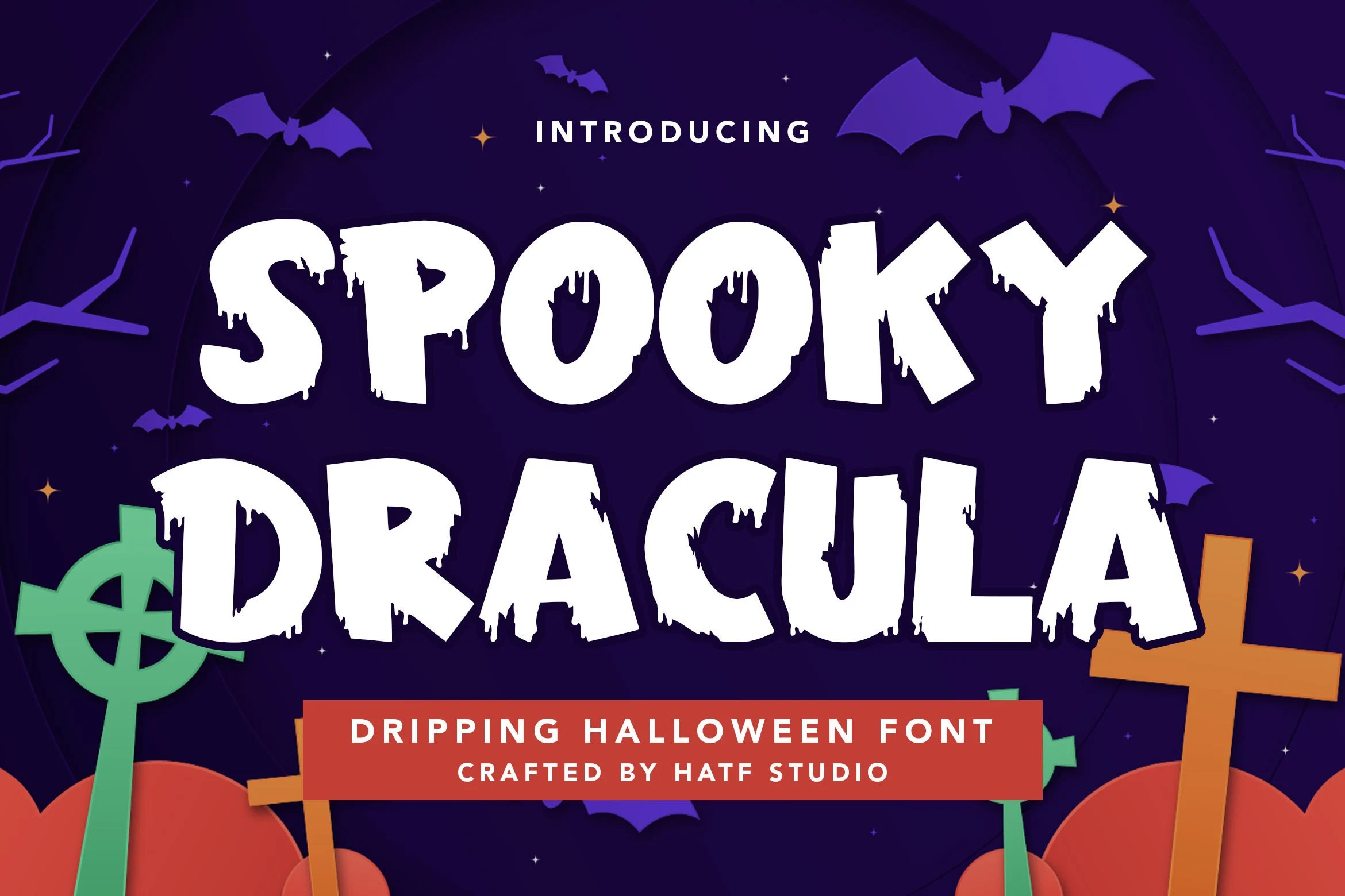 Spooky Dracula Font is a bold, all-caps display typeface with dripping terminals, rugged edges, and distressed outlines.