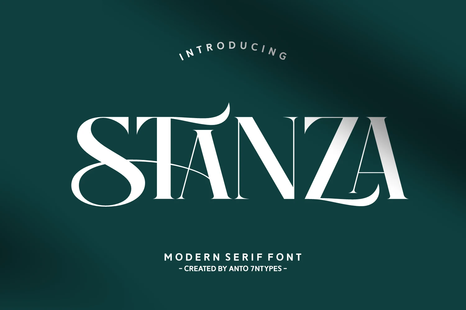 Stanza Font preview with white serif lettering, dramatic swashes, and high contrast strokes