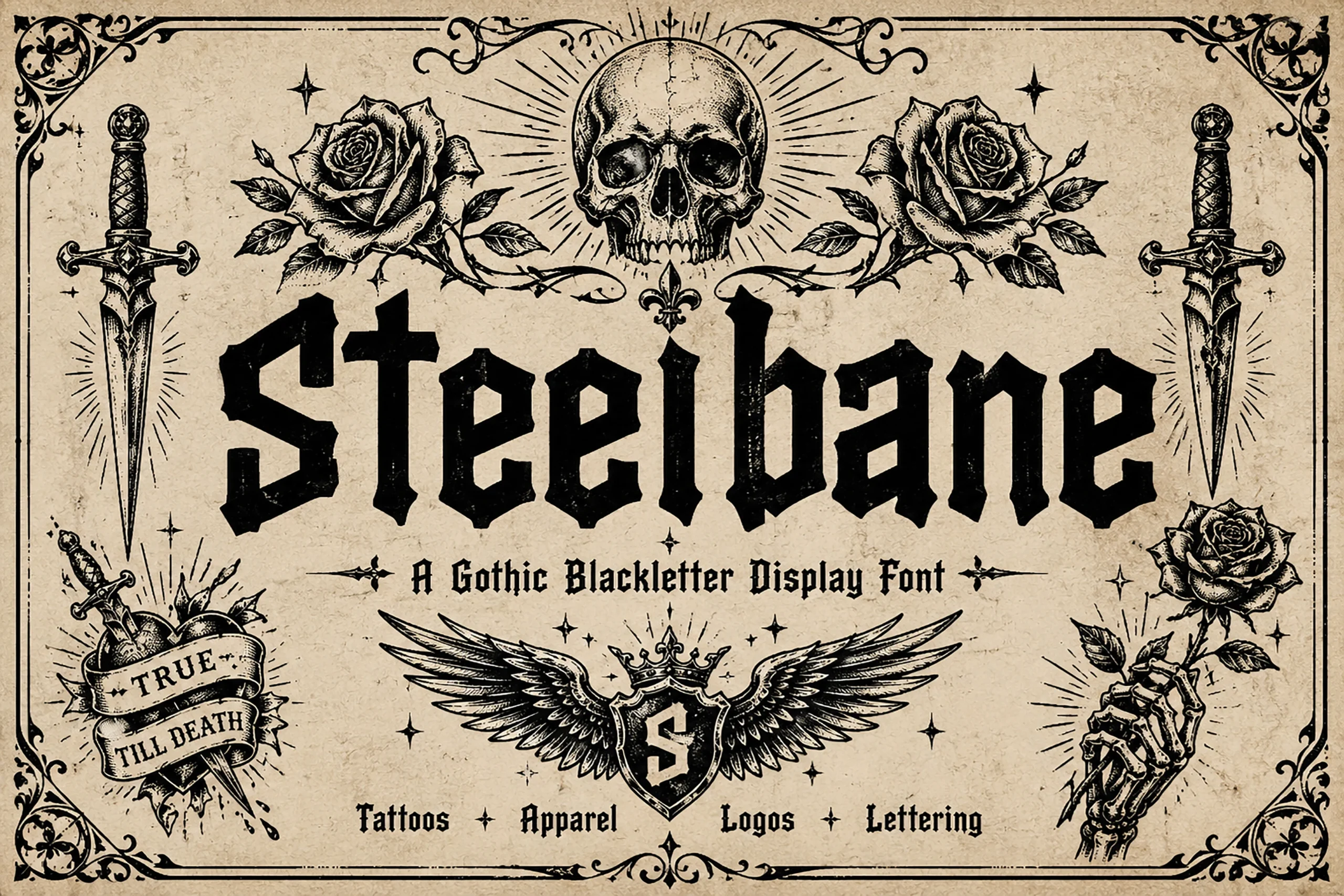 Steelbane Font is a heavy blackletter display typeface with sharp angular forms and condensed proportions.