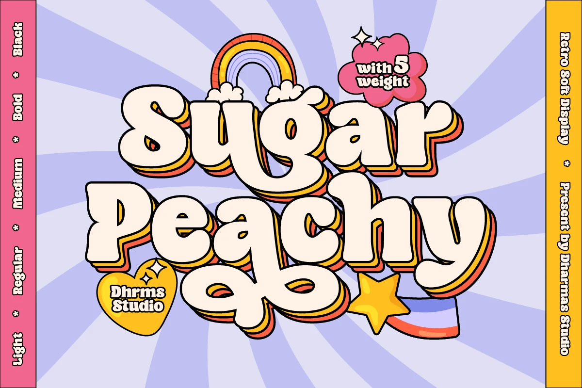 Sugar Peachy Font preview with chunky retro bubble letters and layered orange yellow shadow