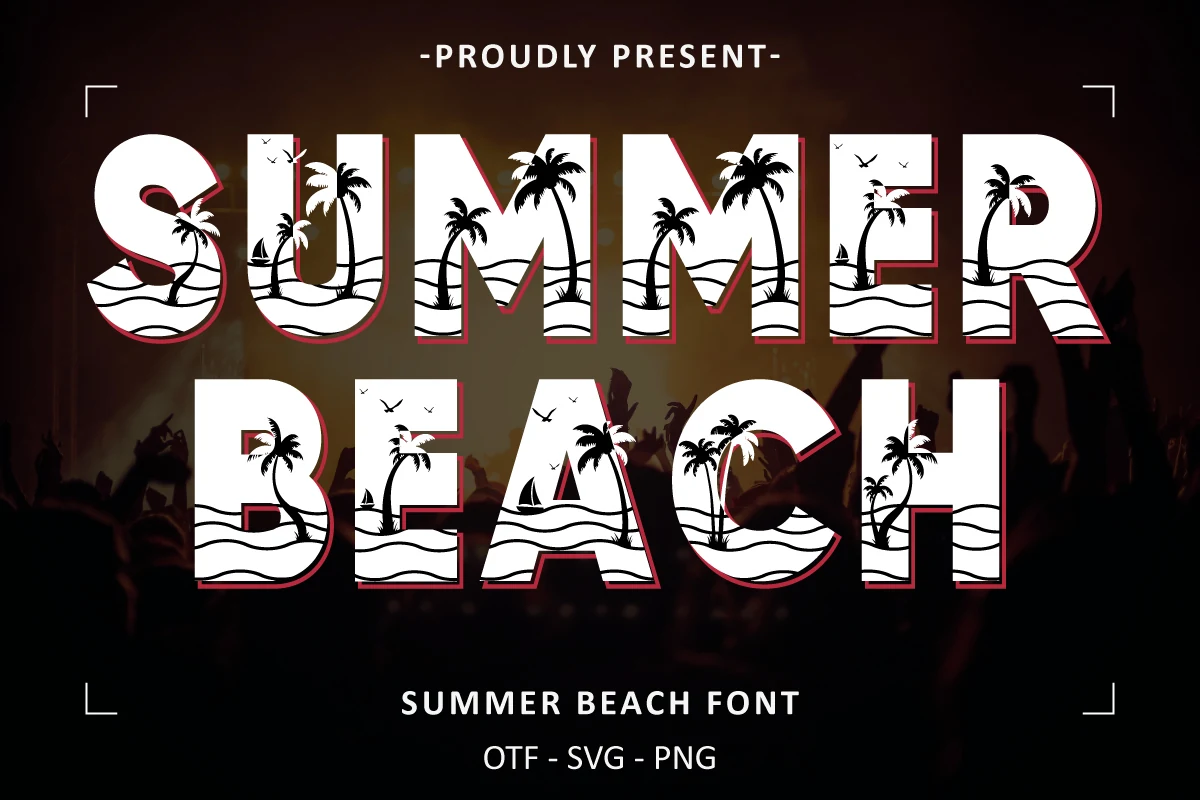 Summer Beach Font preview with distressed red and blue condensed block letters in a vintage beach poster style