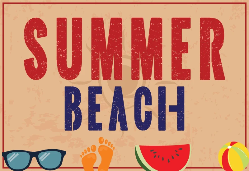 Summer Beach Font preview with distressed red and navy condensed block lettering in a retro summer poster style
