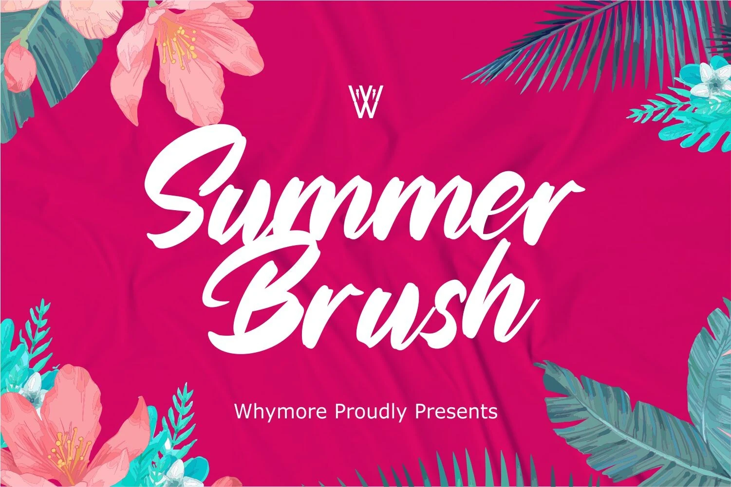 Summer Brush Font preview with bold white marker-style script on a bright pink tropical background