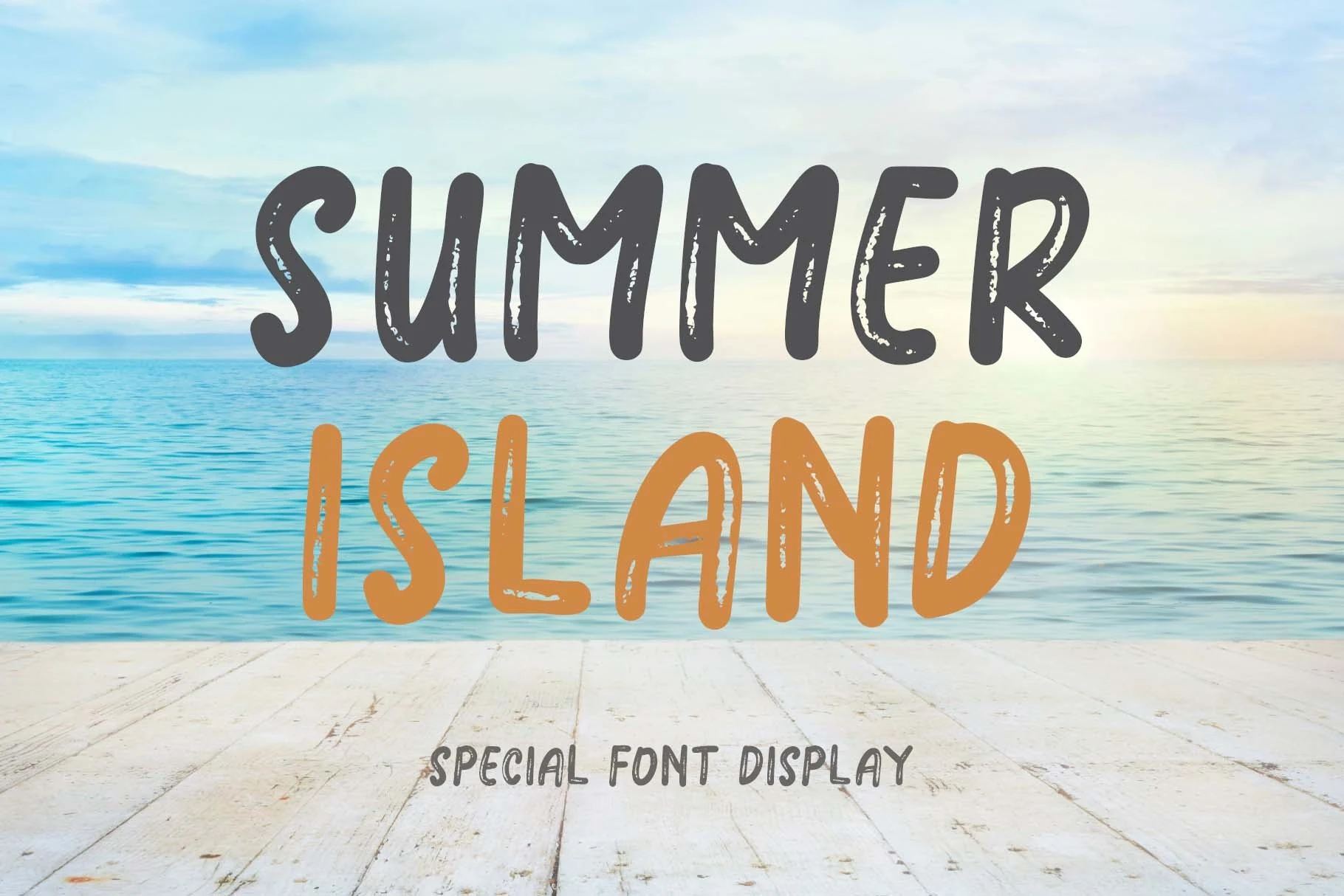 Summer Island Font preview with playful rounded brush lettering in black and orange with a distressed texture