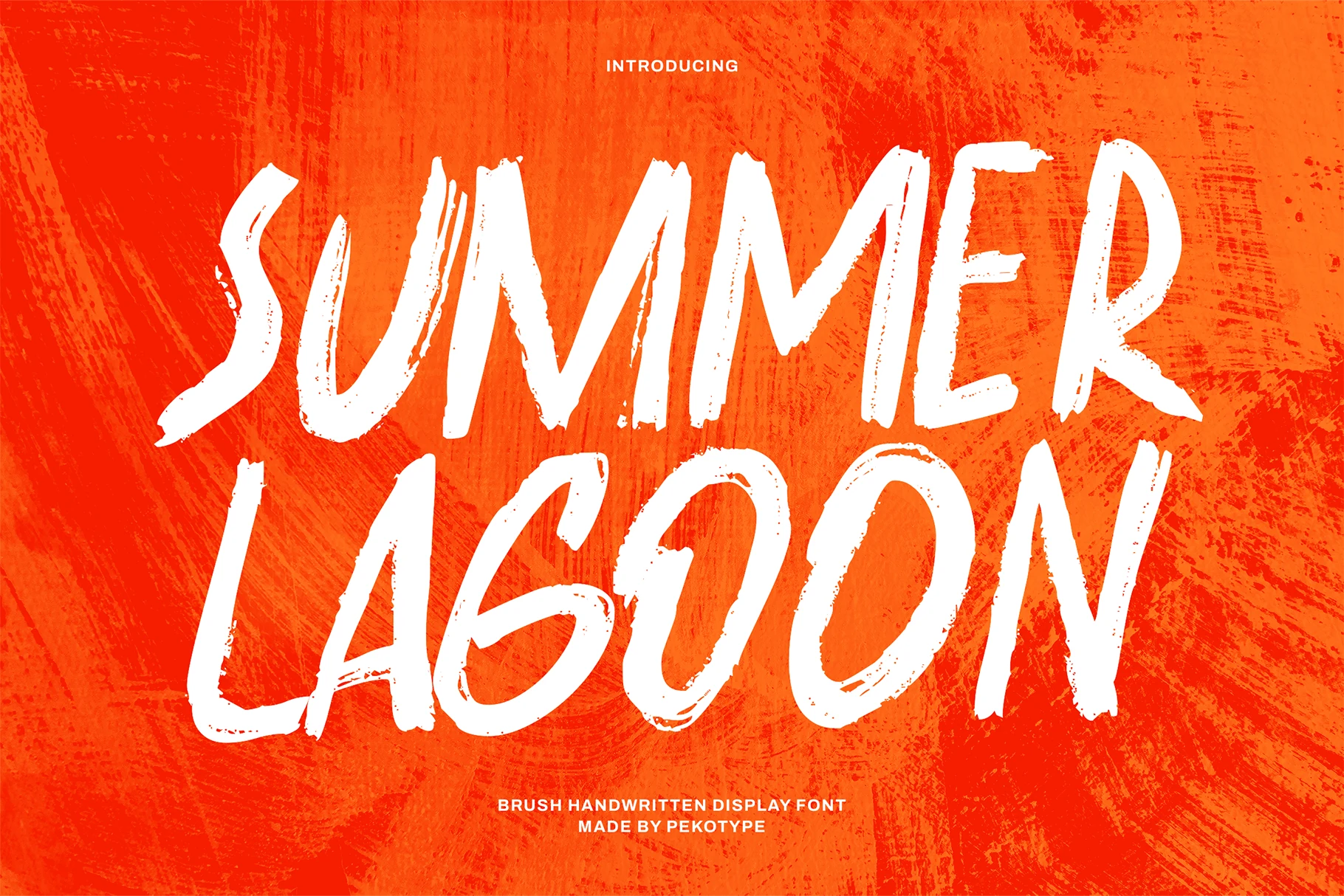 Summer Lagoon Font preview with bold white uppercase brush lettering and rough dry-brush texture