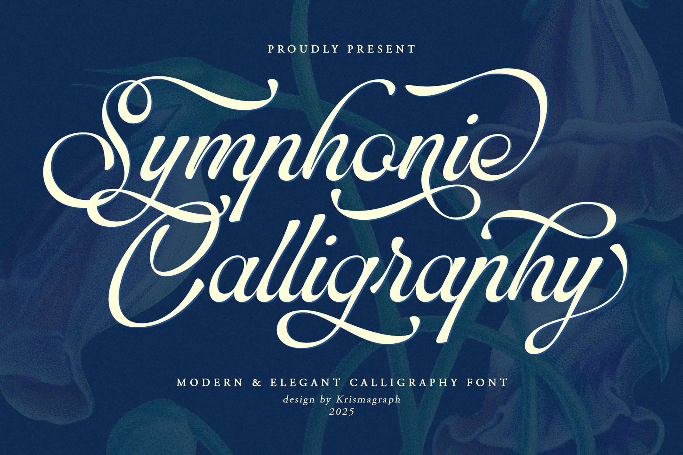 Symphonie Calligraphy Font preview in cream ornate calligraphy with sweeping swashes