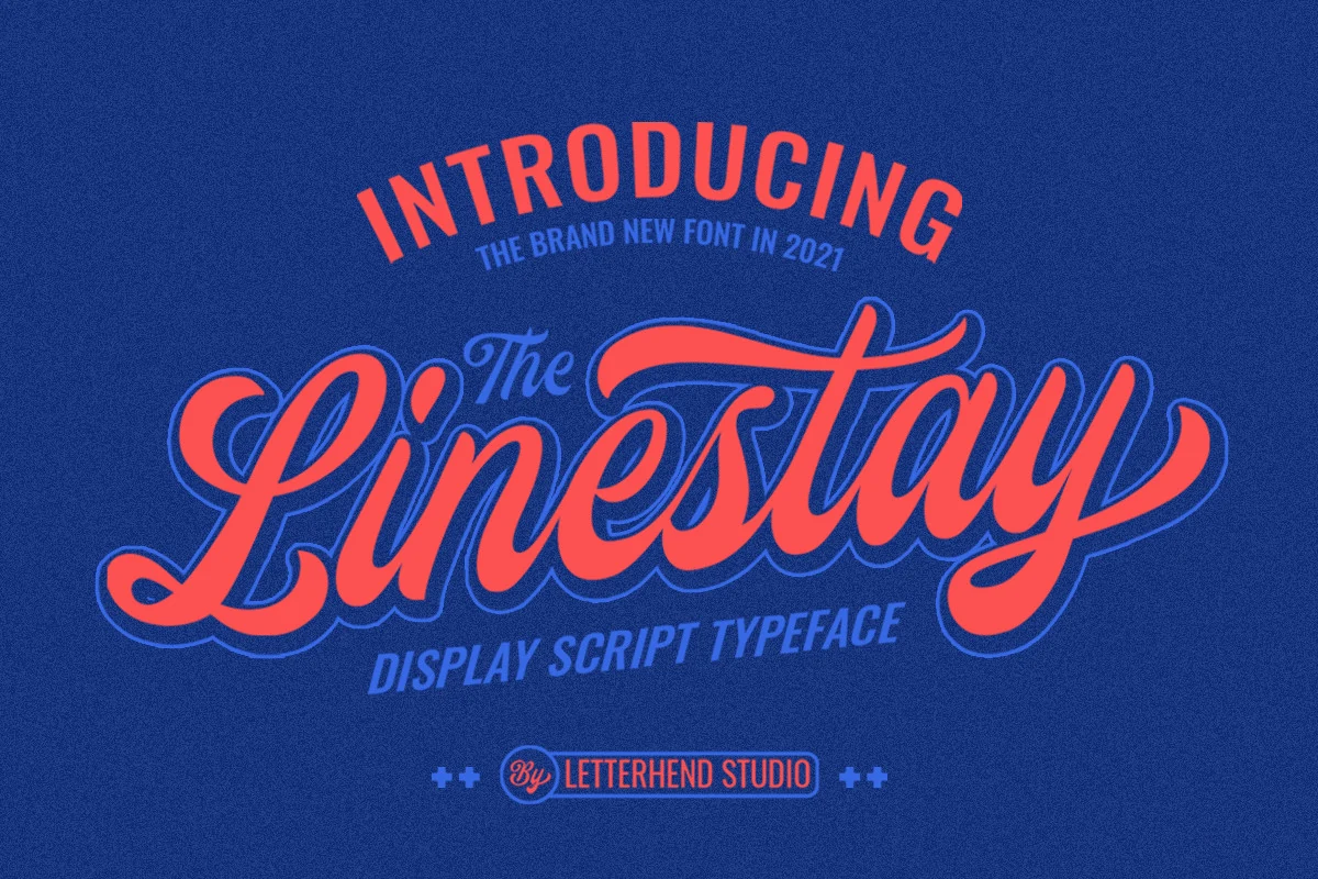 The Linestay Font shown as a bold connected cursive with high stroke contrast, rightward slant, and sweeping swashes.
