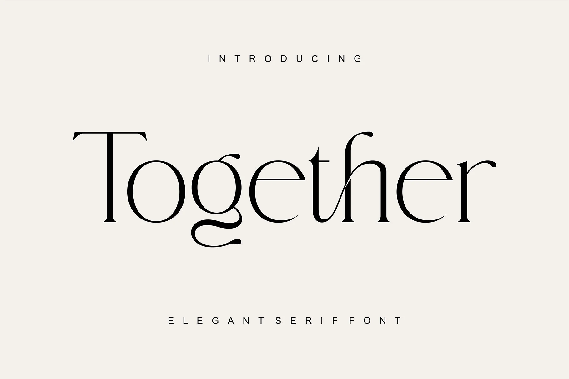 Together Font preview with black high-contrast serif lettering and a curled lowercase g