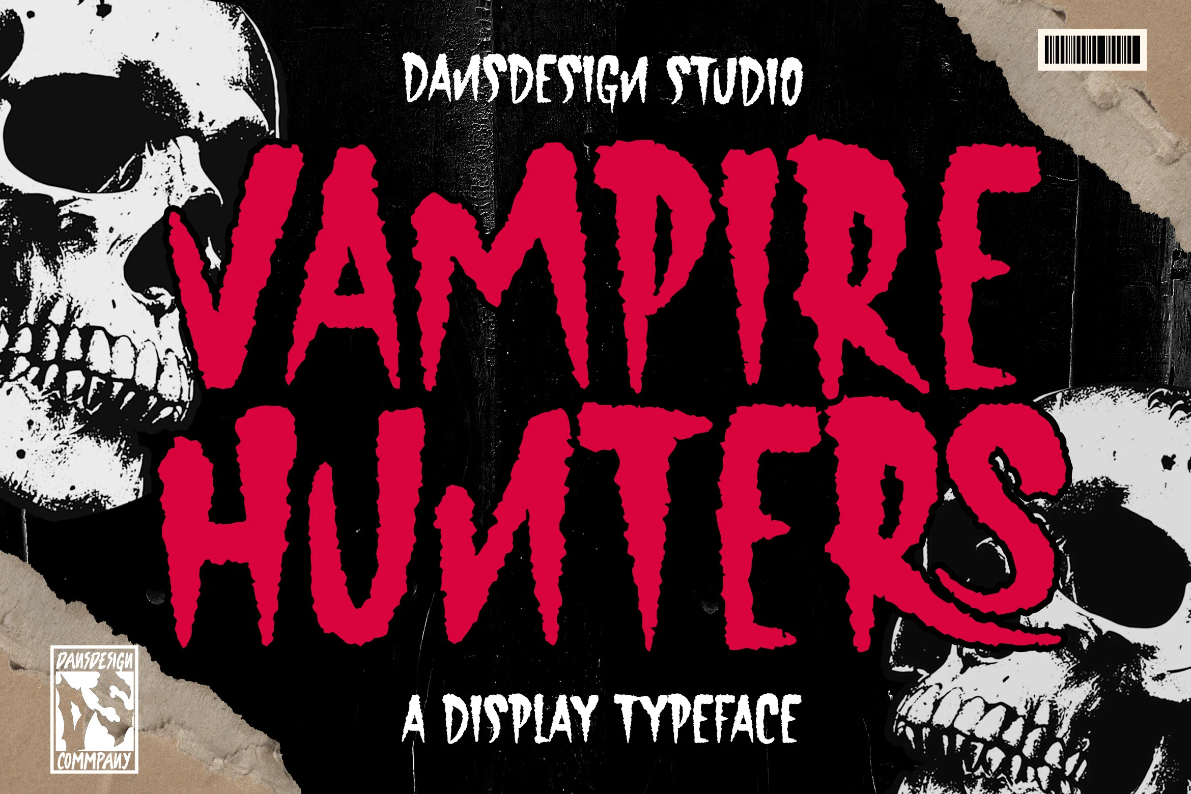 Vampire Hunters Font is a heavy, condensed display typeface with distressed edges, jagged terminals, and rough eroded textures.