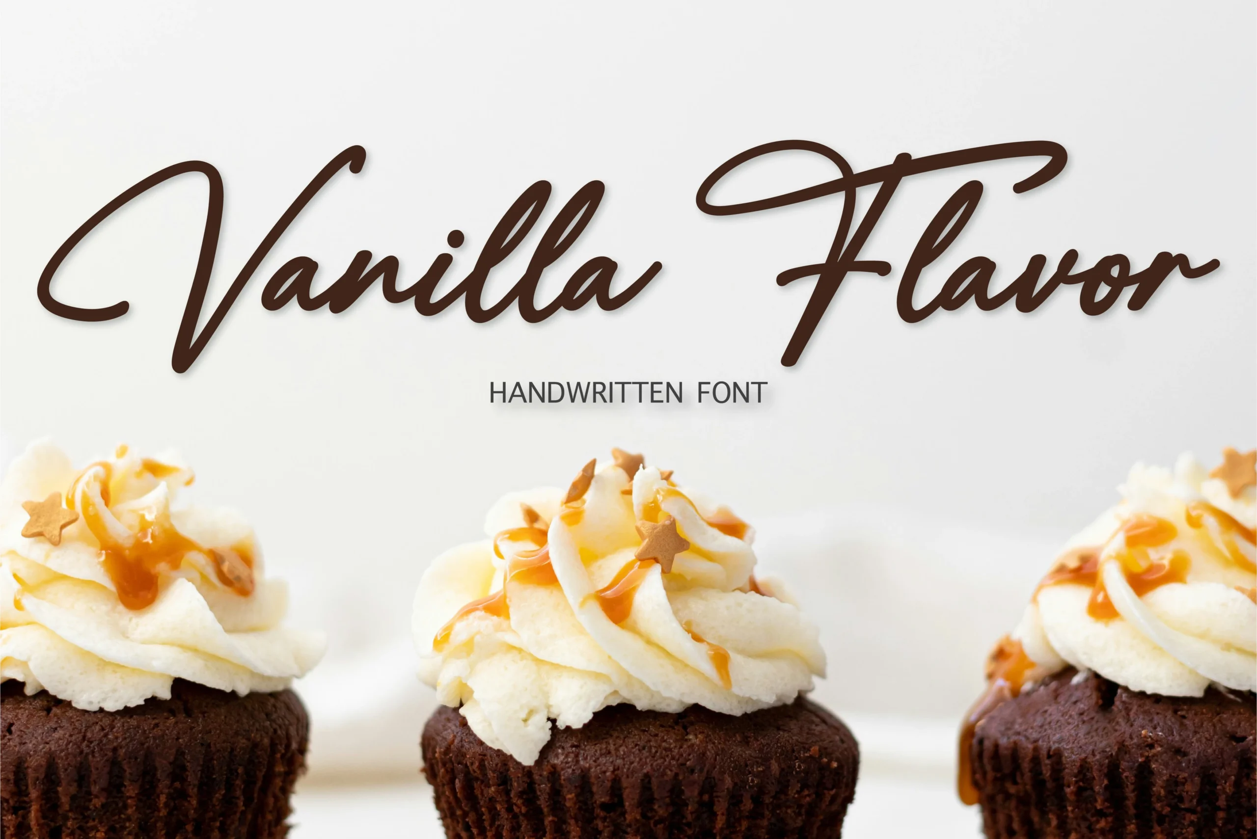 Vanilla Flavor Font preview with brown handwritten script, sweeping capitals, and connected letters