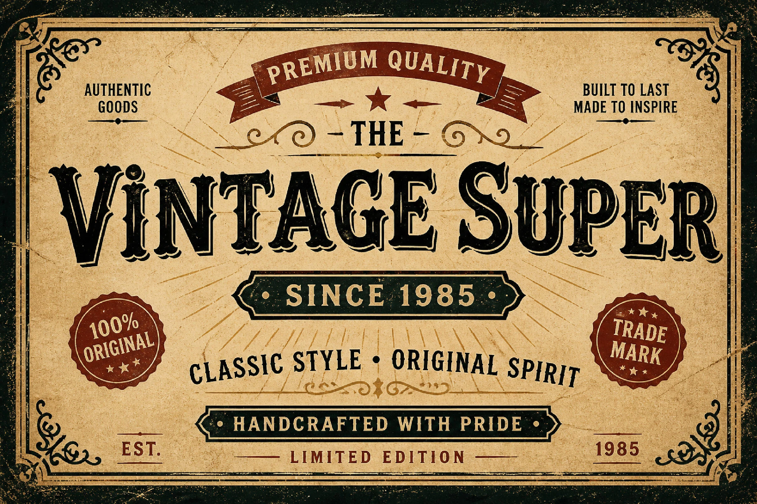 Vintage Super Font preview with ornate vintage serif lettering