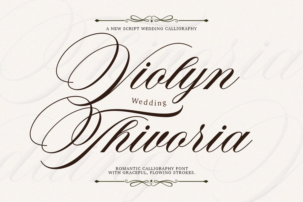 Violyn Wedding Thivoria Font showing connected calligraphic letterforms with high stroke contrast and dramatic swashes.