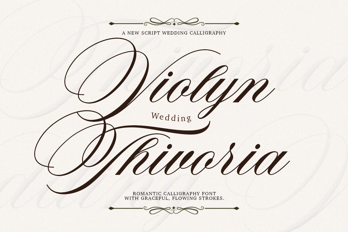 Violyn Wedding Thivoria Font preview with dark high-contrast calligraphy and large looping capitals