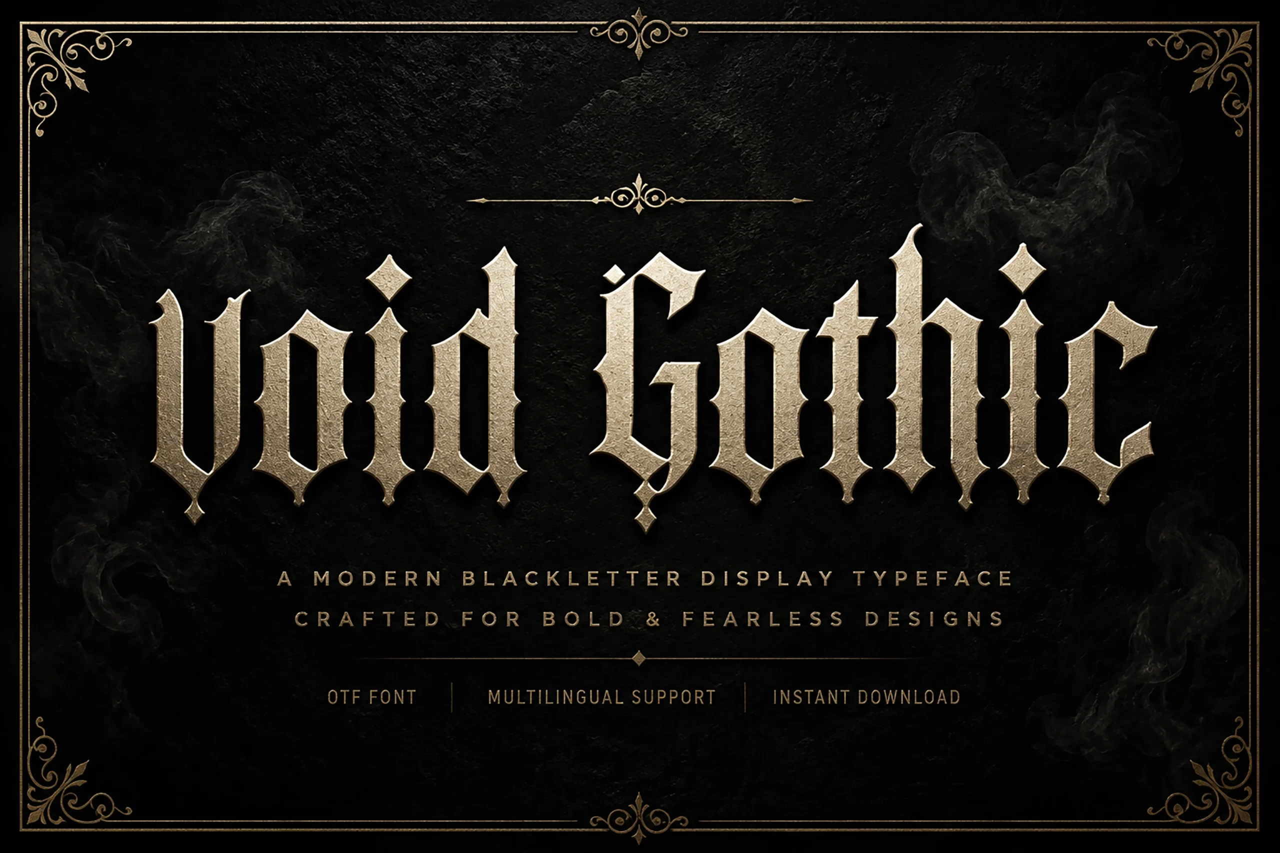 Void Gothic Font is a blackletter typeface with sharp angular terminals, narrow proportions, and high-contrast strokes.