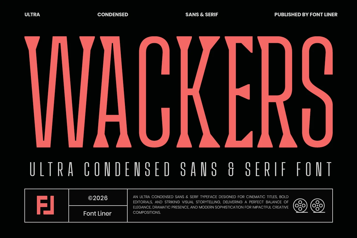 Wackers Font preview with coral ultra-condensed lettering on a black background