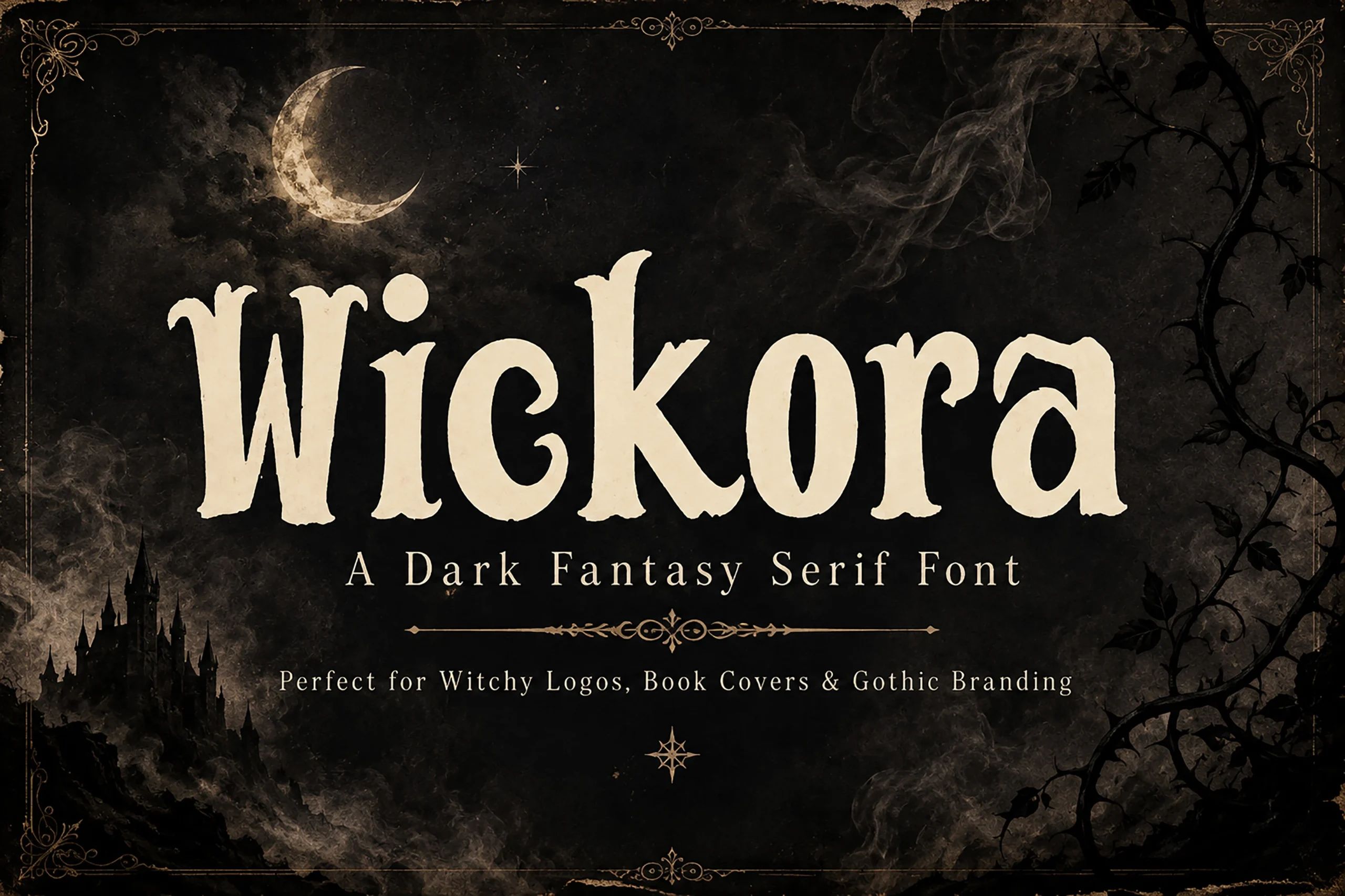 Wickora Font featuring distressed high-contrast lettering with sharp tapered serifs and irregular weathered edges.