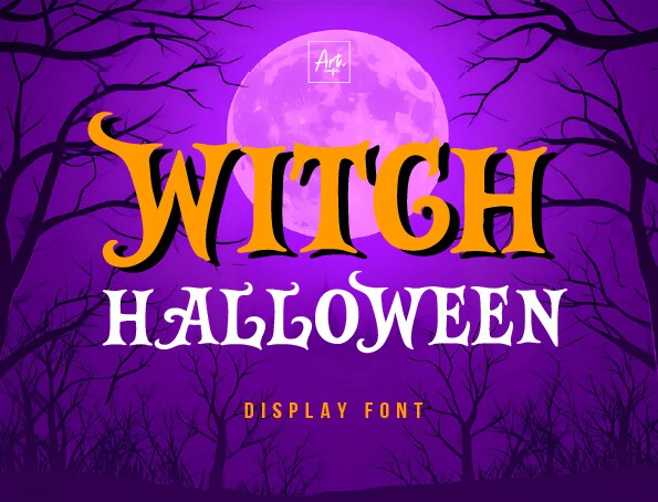 Witch Halloween Font in a heavy display serif style with sharp pointed serifs, high contrast, and ornate curved terminals.